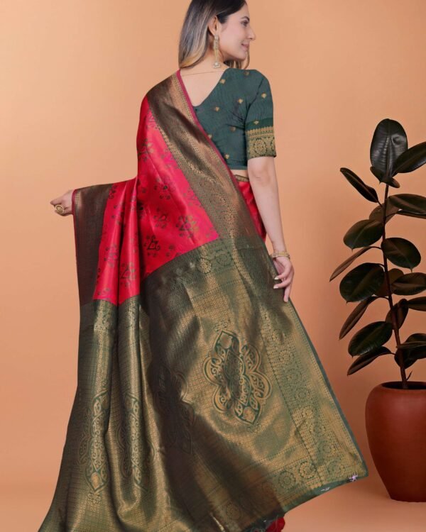 Cherry red and bottle green Banarasi silk saree with gold zari border and woven pallu
