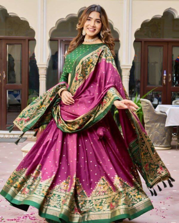 Purple Dola Silk Lehenga Choli with Dark Green Blouse and Ajrakh Bandhej Print