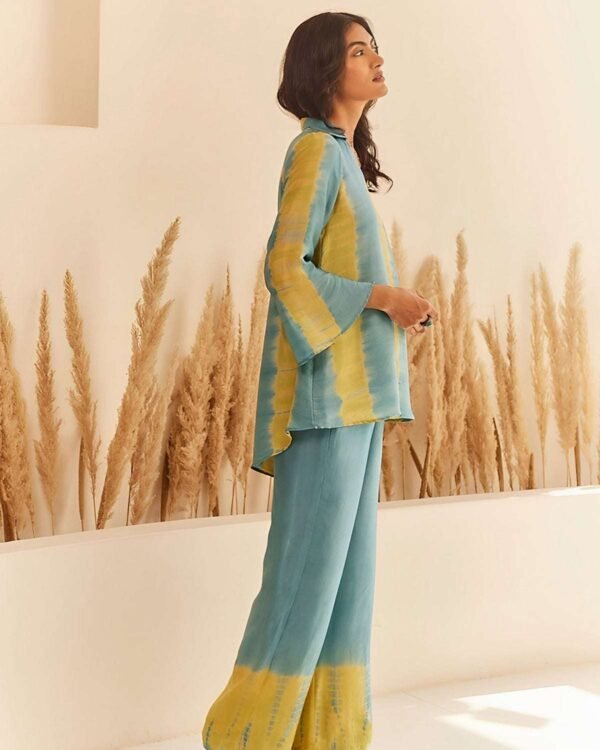 Teal and yellow tie-dye cotton tunic with wide-leg pants women’s co-ord set