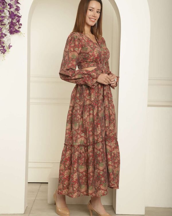 Dark maroon silk printed V-neck maxi dress with long bell sleeves