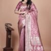 Mauve Banarasi Silk Saree with Silver Zari Geometric and Floral Work