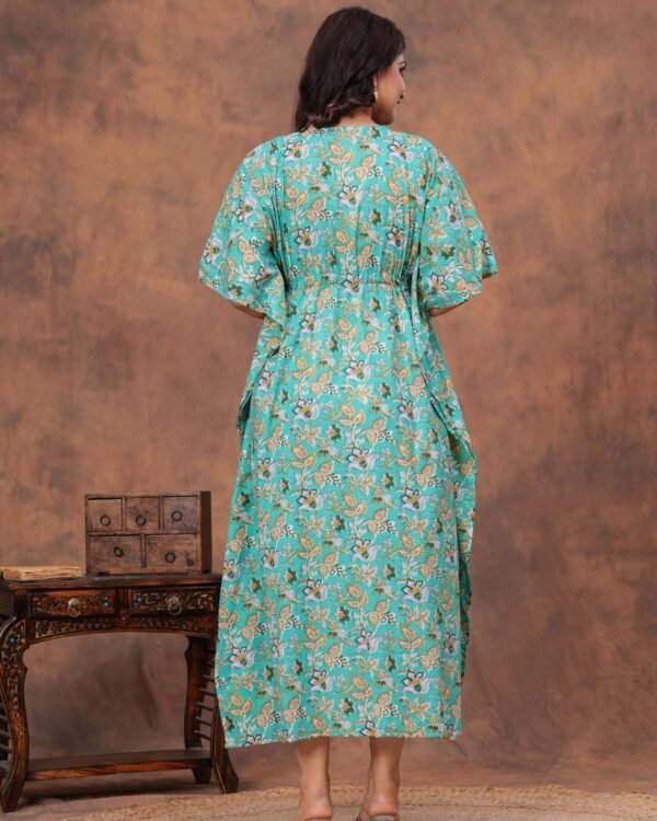 Aqua blue cotton floral printed kaftan dress with drawstring waist