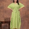 White and green cotton printed kaftan dress with adjustable drawstring waist