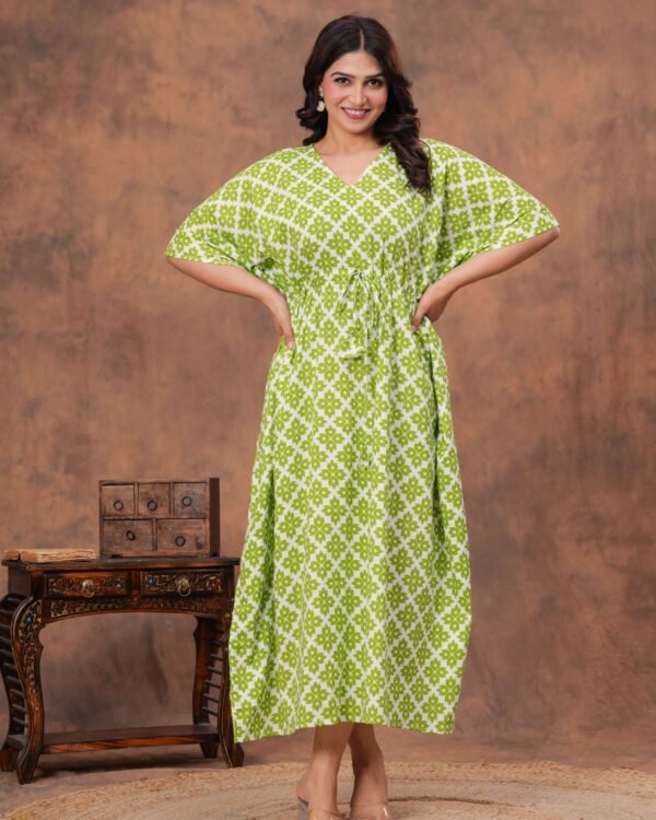 White and green cotton printed kaftan dress with adjustable drawstring waist