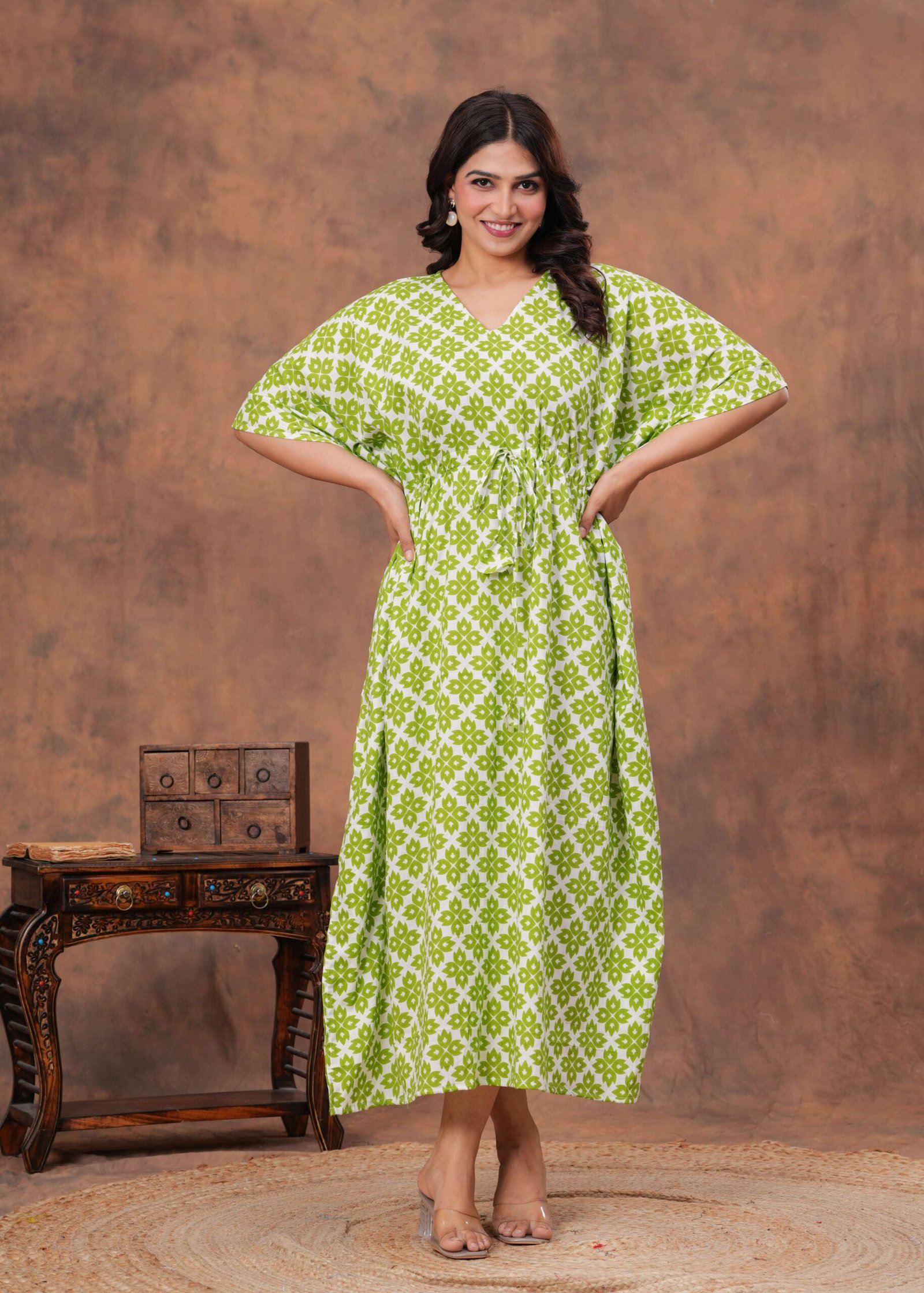White and green cotton printed kaftan dress with adjustable drawstring waist