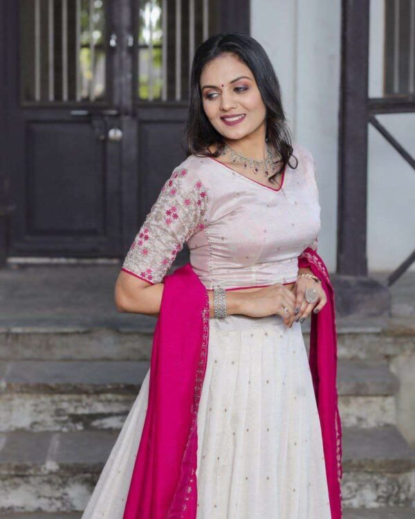 Alternative view of White Vichitra Silk Lehenga Choli with Red Blouse & Sequin Embroidery