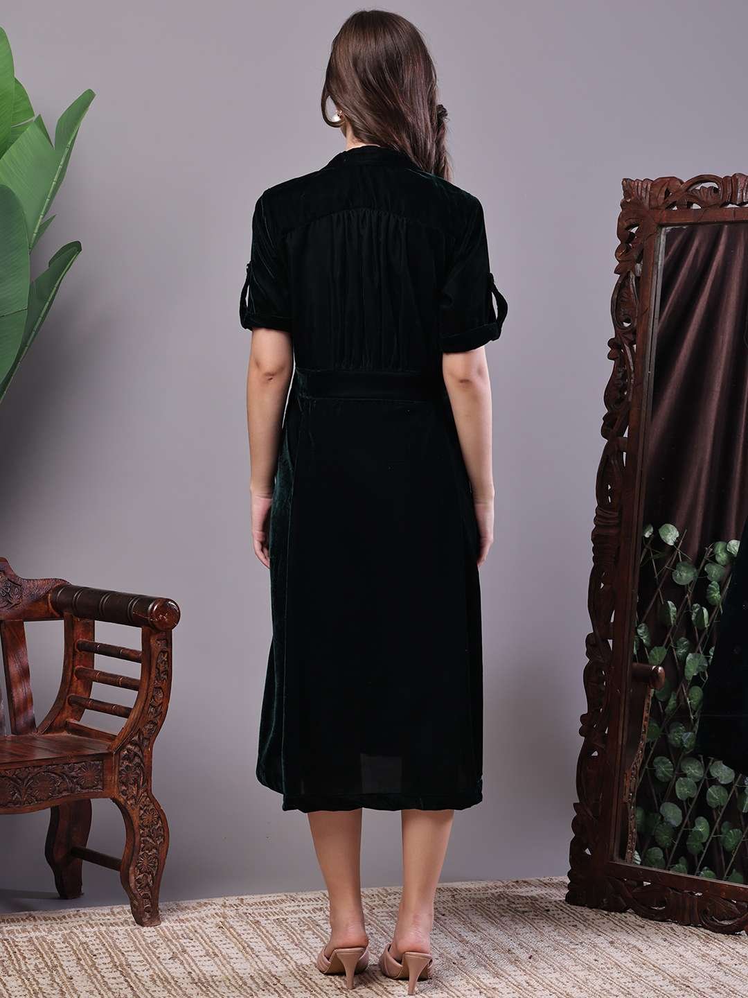 Bottle Green Velvet Button-Down Shirt Midi Dress with Belt - Image 6