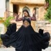 Black Kutchi Gamthi Embroidered Navratri Reyon Gown with Heavy Flare