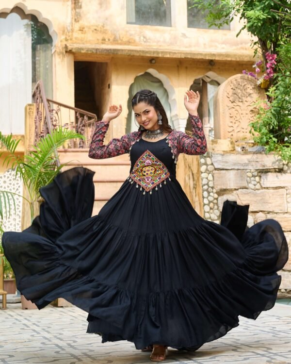 Black Kutchi Gamthi Embroidered Navratri Reyon Gown with Heavy Flare