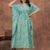 Aqua blue cotton floral printed kaftan dress with drawstring waist