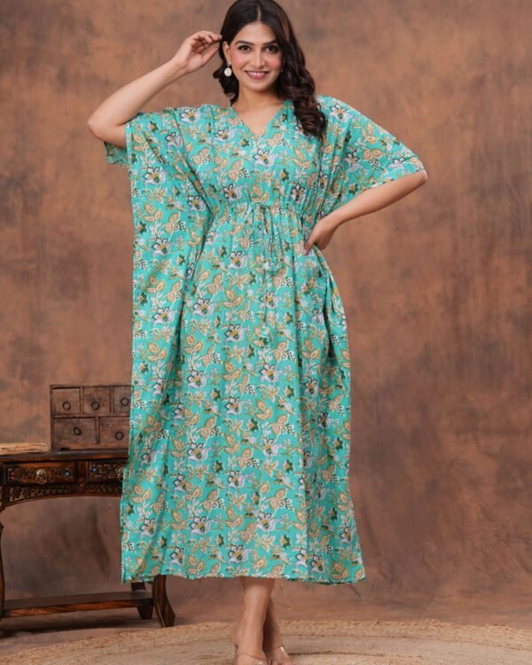 Aqua blue cotton floral printed kaftan dress with drawstring waist