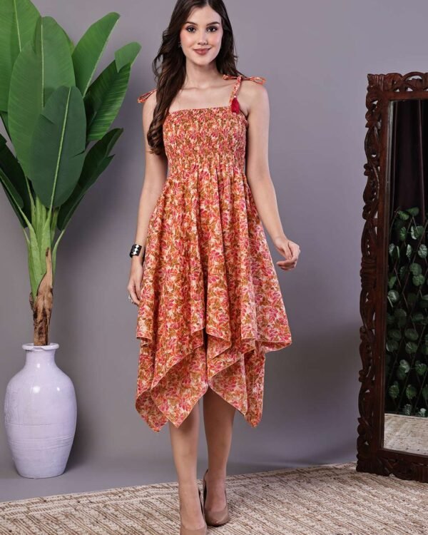 Multicolor floral cotton midi dress with handkerchief hem and tie-up shoulder straps