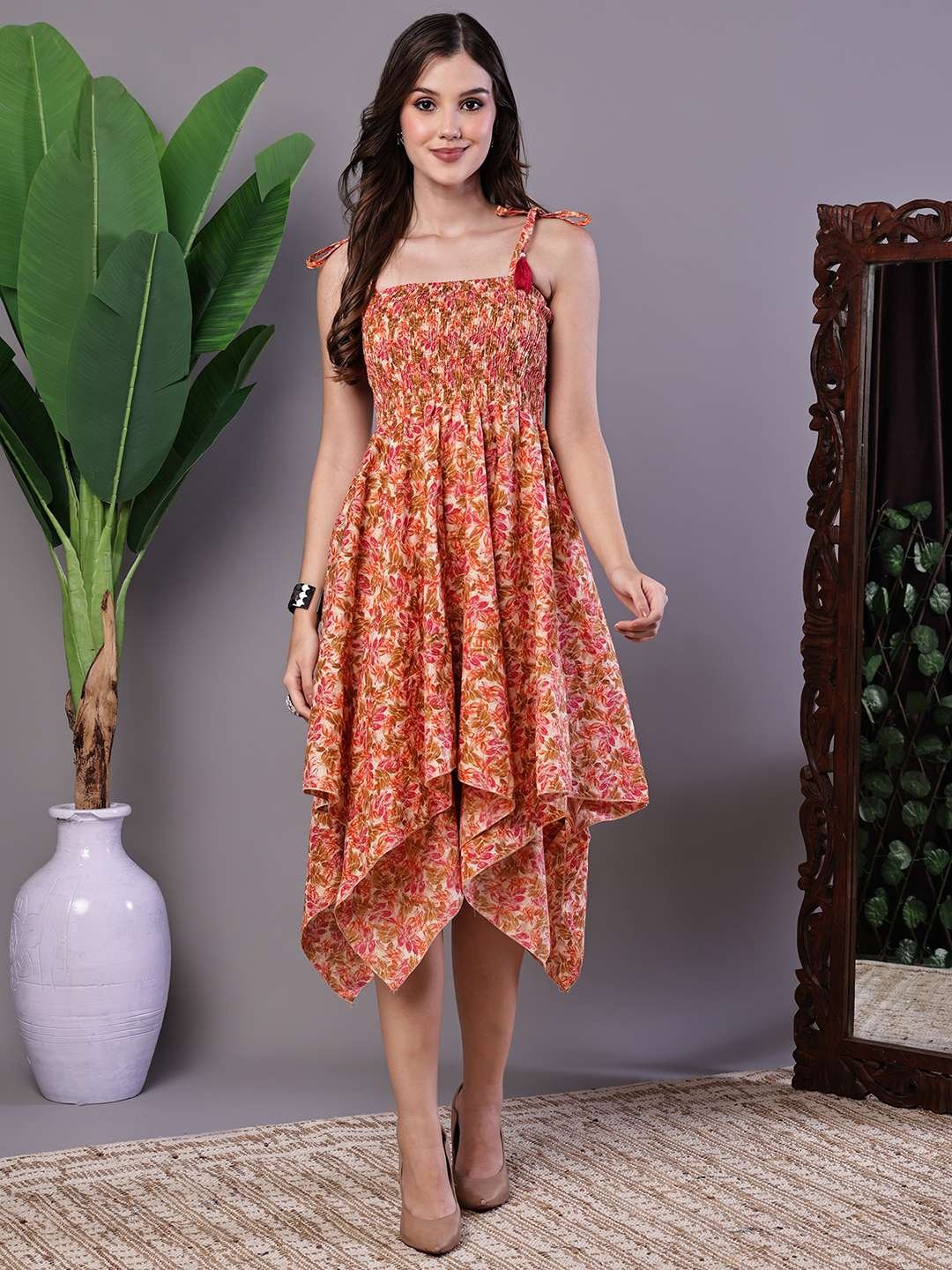 Multicolor floral cotton midi dress with handkerchief hem and tie-up shoulder straps