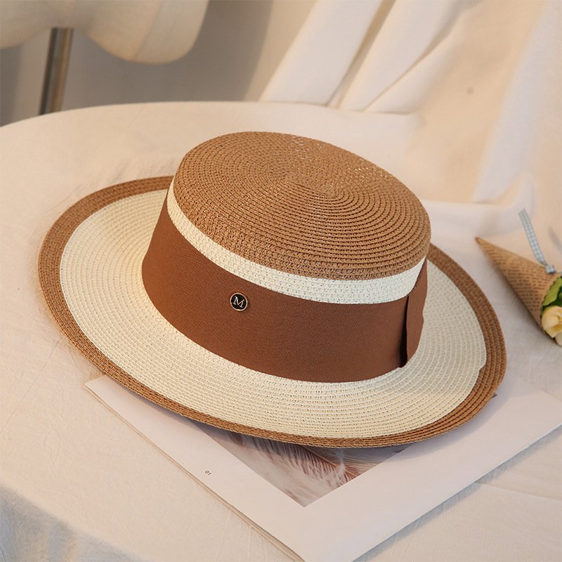 Summer Elegant Retro Women Flat Top Straw Hat Trip Caps Leisure Beach Sun Hats M Letter Breathable Flower Beach Hat - Image 6